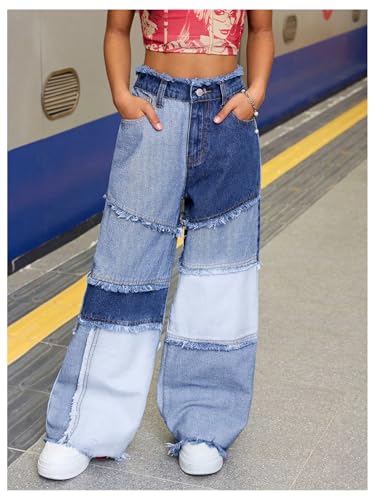 WDIRARA Girl's Color Block Wide Leg Jeans Raw Trim Baggy Denim Pants High Waisted Trousers4