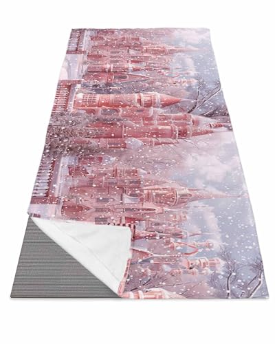 DecorLovee Yoga Mat Towel for Hot Yoga, Christmas Pink Absorb Sweat Microfiber Yoga Towel Non Slip Yoga Mat Towel with 4 Corner Pockets for Bikram, Pilates, Pink Town Snowflake Xmas Tree 26