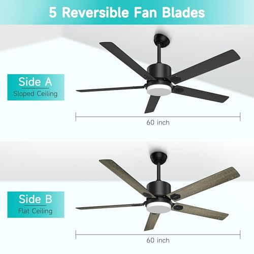 Image of Obabala 60 Inch Ceiling Fan with Light,Ceiling Fans with Remote Indoor Outdoor DC Motor Black Ceiling Fan with Light LED for Patios,Garage,Dining Room, Bedroom, Kitchen, Living Room, Farmhouse