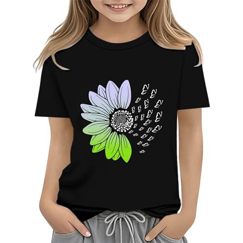 Girls Loose Fit Sunflower Graphic T Shirts Short Sleeve Crewneck Cute Pattern Printed Tops Kids (D-Black, 10-11 Years)