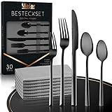 VIAJAR Besteck Set schwarz – 30 Stück Hochwertiges Besteckset - Poliert, Glänzend Besteck Spülmaschinenfest – Besteck Set Edelstahl für 6 Personen – Inkl. Stoffservietten