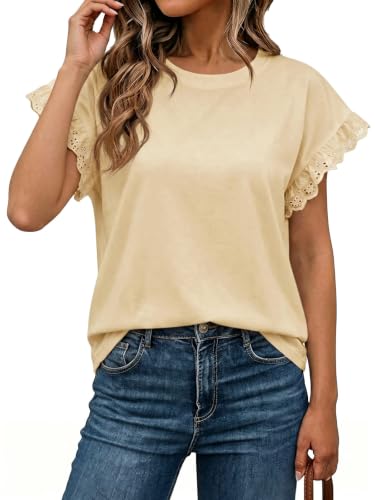 Image of Tankaneo Womens Summer Crewneck T-Shirts Lace Cap Sleeve Tops Dressy Casual Loose Fit Work Basic Tees Outfits 2026