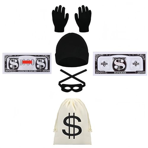 Conjunto de 5 disfarces de ladrão, disfarce de ladrão de bancos, acessórios de disfarce para ladrões, chapéu luvas máscara de olho bolsa de dinheiro bilhete de banco, para carnaval Halloween cosplay