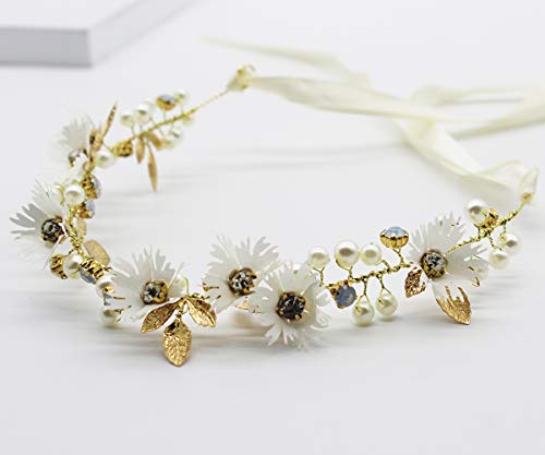 Haarband, 30 cm, bloemenkrans, madeliefjes, sieraden, bruiloft, goudkleurig, parels, kristal, met band, haaraccessoire… - Image 7