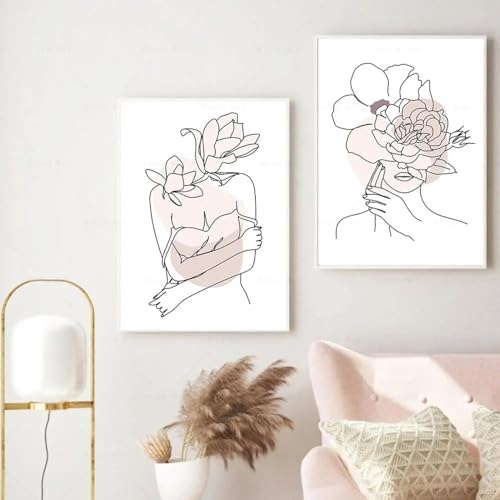 Affiche femme ligne abstrait poster fleurs boho toile peinture decoration murale salon 35x50
