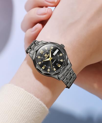 Image of OLEVS Womens Diamond Watches Automatic Mechanical Gold Luxury Dress Ladies Self Winding Original Stainless Steel Wrist Watch