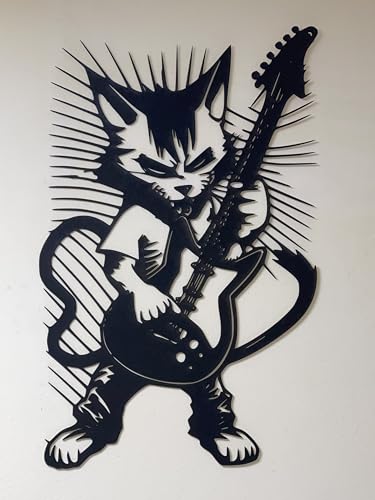 Chat guitare tableau en bois Boutdebois noir 61x38cm pour décoration murale de salon