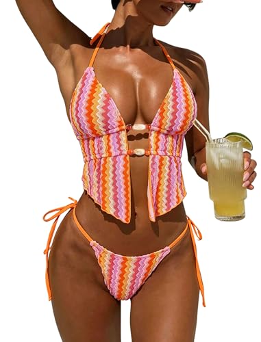 Image of ZAFUL Halter Swimsuits for Women Textured Backless 2 Piece Bathing Suits Cheeky High Cut String Tie Side Bikini Sets