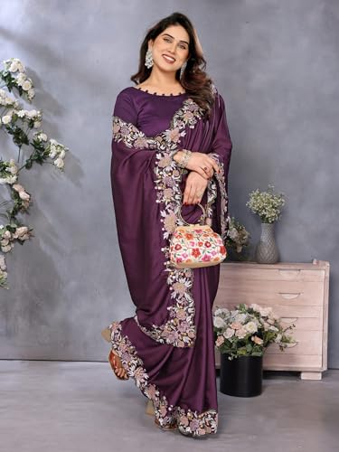 Image of Pandadi Saree Women's Satin Embroidery Work Saree With Unstitched Blouse Piece