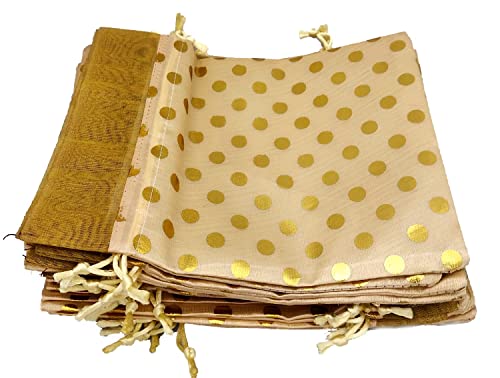 Image of 3A Featuretail 13CM X 18CM Small Drawstring Bags Pouches Potli for Gift Wedding Jewelry Packaging Bridal Party Favors for Women (25 pc Pack, Cream Color Golden Polka Dot)