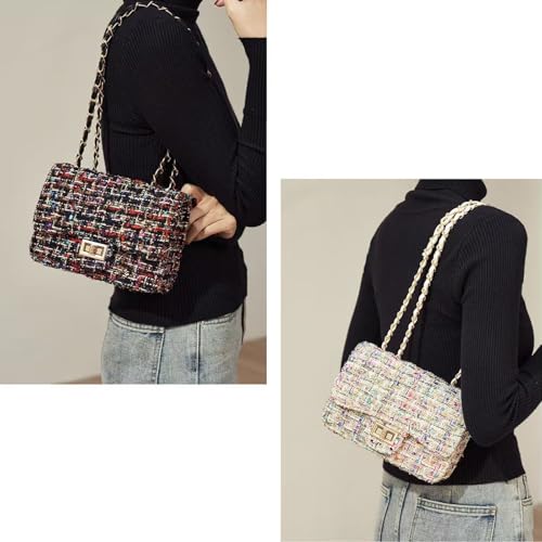 Image of Women Tweed Small Shoulder Bag Handbag and Purse Fashion Ladies Chain Quilted Crossbody Bag Evening Bag Clutch
