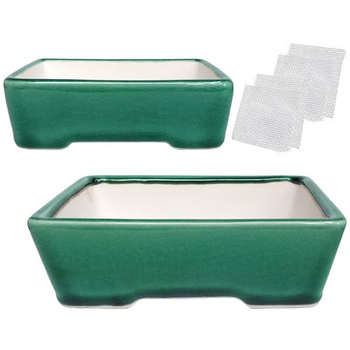 Zisha - Set di 2 vasi per bonsai in argilla bianca, smaltati, per piante grasse, colore: Verde