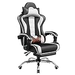 Yaheetech Gaming Chair, Video Game Chair with Massage Lumbar Support and Footrest Height Adjustable Ergonomic Computer Gaming Chair with Swivel Seat and Headrest, Black/White