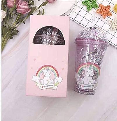 ISP 500ml Acrylic Unicorn Vacuum Flask Water Bottle Mason jar Sipper Glass Tumbler with Straw,Transparent Ice Jar Indoor Outdoor Girls, Boys