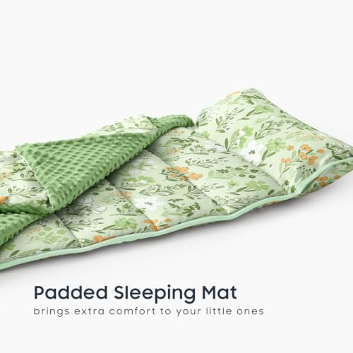 Image of Wake In Cloud - Toddler Nap Mat with Pillow and Minky Fleece Blanket, for Kids Girls Ages 3 Plus in Daycare Preschool Kindergarten, Roll Up Sleeping Bag, Floral Flowers