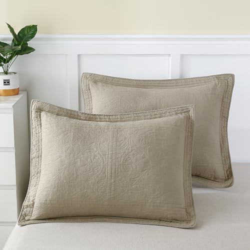 Winlife MK2402 100% Cotton Quilted Pillow Sham Floral Printed Pillow Cover Khaki/Taupe cover