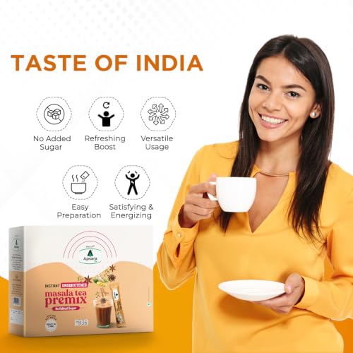 Image of APSARA Instant Tea Premix Unsweetened Masala Tea 36 Sachets|Ready To Drink Tea With No Added Sugar|Enriched with Ginger, Cardamom, Pepper and Indain Spices, Sugar Free Masala Chai, 432 gram