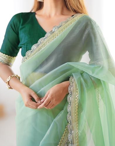 Image of SIRIL Women's Shimmer Net Lace Border Dual Tone Saree with Unstitched Blouse Piece