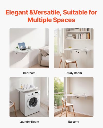 Image of VEVOR Wall Mounted Folding Table, 47.2 x 19.7 inches Wall Mount Table, Floating Desk with Iron Bracket, Fold Down Desk for Small Spaces, Home Office, Dining, Laundry Room, Kitchen, Bar, White