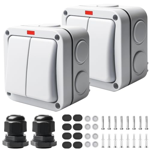 Lot de 2 interrupteurs résistants aux intempéries - 20 A IP66 - Double interrupteur étanche avec interrupteur indépendant et voyant lumineux - Interrupteur...