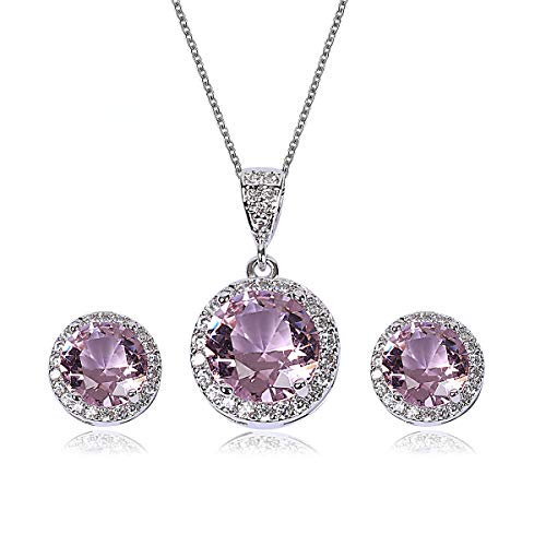 AMYJANE Bridal Jewelry Set for Women - Sterling Silver Round Pink Crystal Cubic Zirconia Pendant Necklace Earrings Set for Wedding Bride Bridesmaids Party Prom Pack