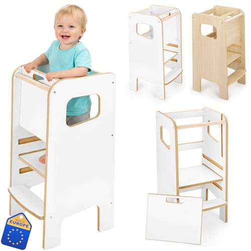 Montessori Lernturm für Kinder mit Riegel – weißer Küchenhelfer Tritthocker für Kleinkinder, sicher & geschlossen...