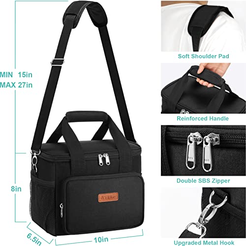 Tiblue Insulated Reusable Lunch Box for Office Work School Picnic Beach, Leakproof Freezable Cooler Bag with Adjustable Shoulder Strap (Medium, Midnight Black)