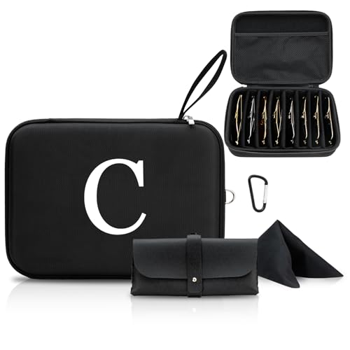erigerna Estojo organizador de óculos de sol personalizado inicial C, 2 peças, revestimento rígido de EVA com mosquetão de metal, 8 compartimentos ajustáveis para vários óculos e estojo de óculos