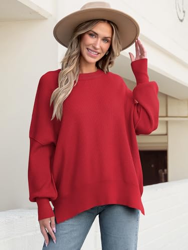 Image of ANRABESS Women Oversized Sweaters Batwing Long Sleeve 2026 Fall Outfits Crewneck Casual Knit Side Slit Fashion Pullover Top