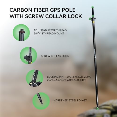 Image of Carbon Fiber & Aluminum GPS Pole - Telescopic 8.5ft /2.6m GPS Survey Pole with Screw Lock & Locking Pin, Metric-Feet Dual Scales, Bubble Level, Steel Point for RTK GNSS Surveying