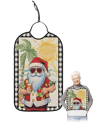 Adult Bibs for Elderly Women - Christmas Santa Waterproof Dining Clothing Protectors with Crumb Catcher for Eating/Feeding, Black and White Checkered Coastal Beach Terry Cloth Bib Machine Washable
