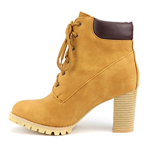 VOKLIN Women's Chunky Block High Heel Ankle Boots Lace Up Round Toe Platform Dressy Dressy Short Booties4