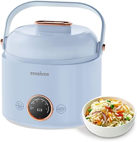 Stariver Small Rice cooker, 2 Cups Uncooked Mini Portable Rice Cooker with Handle, Non-Stick Ramen cooker, PFOA-Free, Rice Maker with Keep Warm & Delay Start Function, Electric Hot Pot, Blue