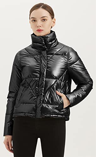 Women's Quilted Metallic Shiny Puffer Jacket Winter Warm Full Zipper Stand Collar Padded Short Coat2