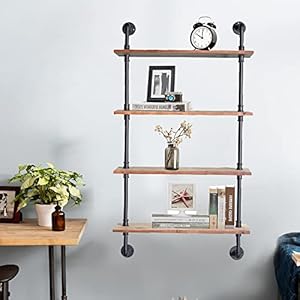 Industrial Pipe Shelving, 24inch Pipe Shelves with Wood Planks, 4 Tier Floating Shelves Wall Mounted Steampunk Real Wood Book Shelves, Retro Rustic Industrial Shelf for Bar Kitchen Living Room Industrial Pipe Shelving 24inch Pipe Shelves with Wood Planks 4 Tier Floating Shelves Wall Mounted Steampunk Real Wood Book Shelves Retro Rustic Industrial Shelf for Bar Kitchen Living Room
