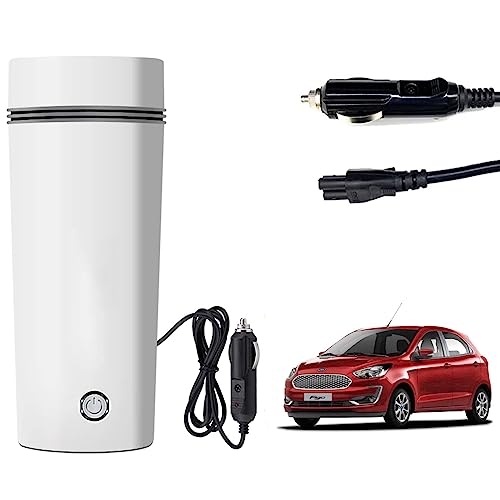 Image of Oshotto 12V Portable Electric Water Bottle for Hot Water Tea Coffee Kettle Mug Multipurpose Food Grade Fast Boil Auto Shut-off For Travel Camping, Road Trip Compatible with ford Figo (350ml) - White