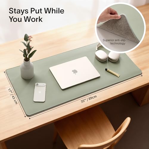Image of Nordik Felt and Leather Desk Mat - Dual Layer Willow Haze Sage 35 x 17 in | Dual-Layered Mat Leather Desk Pad with Document Organizer - Full Desktop Mat - Large Non-slip and Waterproof Desk Blotter
