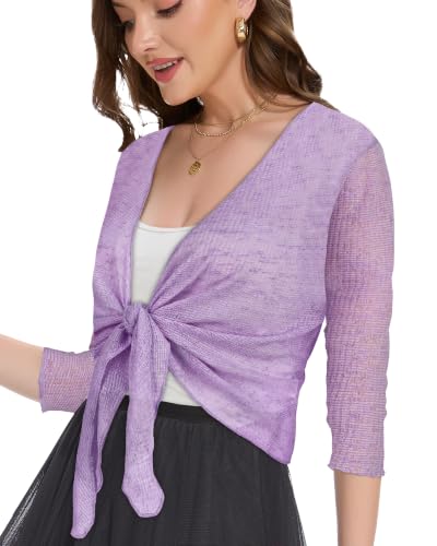 Image of Women Crop Cardigan Sheer Mesh Bolero Shrug for Dress Tie Front 3 /4 Sleeve Tops