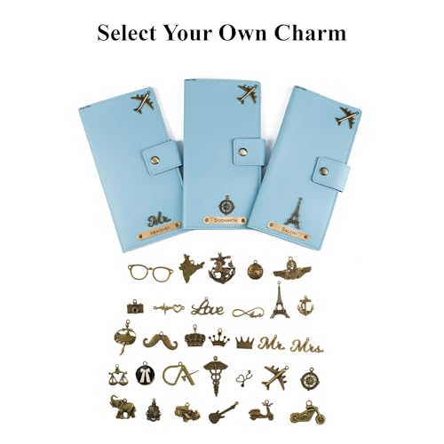 Image of AICA Personalized Name & Charm Long Leather Wallet Passport Cover (Babyblue) with Passport, Boarding Pass, Currency, Card Slot & Coin Holder for Men & Women| Gifts for Woman| Gift for Man|Diwali Gifts