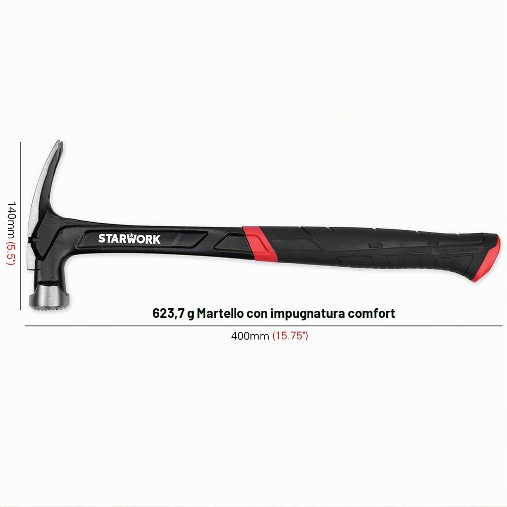 STARWORK TRUE MECHANIC™ - Martello a granchio da 625 g con supporto magnetico per chiodi e testa zigrinata, martello per incorniciature, martello da carpentiere, martello forgiato resistente in un