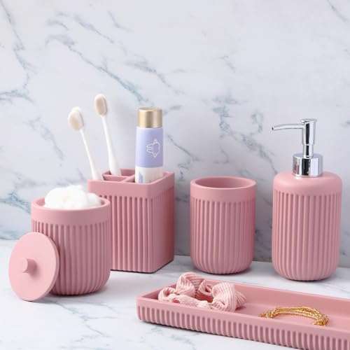 XLHOMO Resin Pink Bathroom Accessories Set 5 Pcs, Lotion Soap