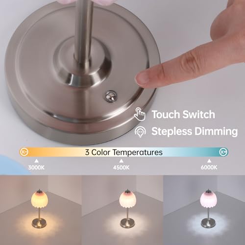 Image of Shenmoyl Rechargeable Table Lamp with 5200mAh Battery & Touch Control - 3 Adjustable Color Temperatures, Cordless Dimmable Table Light for Bedroom, Office Desk, Nightstand (Creamy Pink,Silver Base)