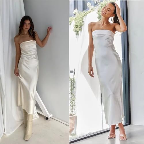 Image of Womens Strapless Satin Maxi Dress Backless Tube Dress | Strapless satin maxi dress with elastic back folded bust backless cut smooth drape and slim tube fit for events