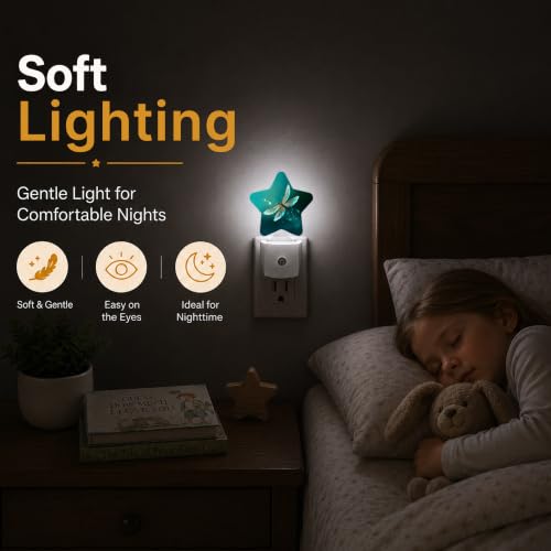 Image of Dragonfly Star Night Light Plug in, Decorative Night Light for Kids Room Nursery Bedroom, Soft Glow Sensor Lamp for Hallway Bathroom, Compact Energy Saving