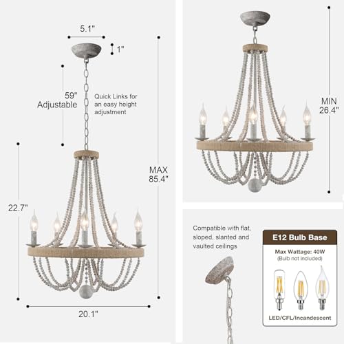 CFAGHOMEDESIGN French Country Chandelier for Dinning Room,Wooden Bead Tassel Farmhouse Chandelier,Hemp Ropes Wrap on Circle,Hanging Pendant Light,Rustic 5- Light Rope Chandelier,20”in Diameter - Image 7