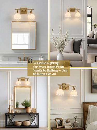 Image of 3-Light Vintage Bathroom Vanity Light, 19.4 inch Brass Hardwired Wall Sconce with Amber Tulip Glass Shades, Brushed Gold Vanity Light for Mirror, Restroom, Bedroom (White, 2-Light)
