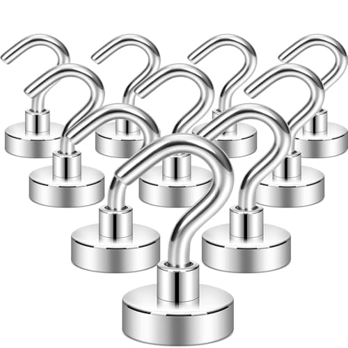 Silver Magnetic Hooks,Heavy Duty Magnets with Hook for Refrigerator, Strong Cruise Hook for Hanging,Grill -10pcs (KNE25(24kg))