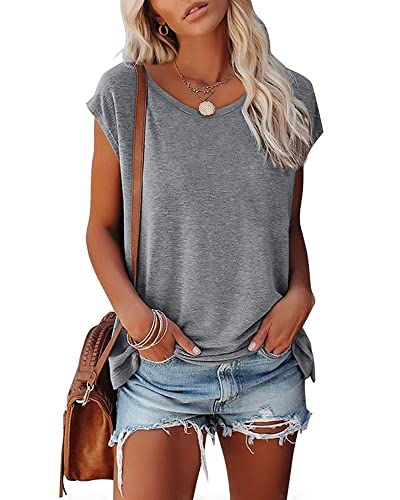 Qcyuui Damen-Tanktop mit Flügelärmeln, leicht, Sommer-U-Ausschnitt, lockere Passform, lässige T-Shirts, GRAU, X-Groß Cover