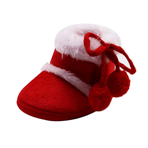 Infant Newborn Baby Girls Plus Velvet Warm Cotton Boots Winter Bandage Hairball Warm Booties (Red, Age:6~12 M)
