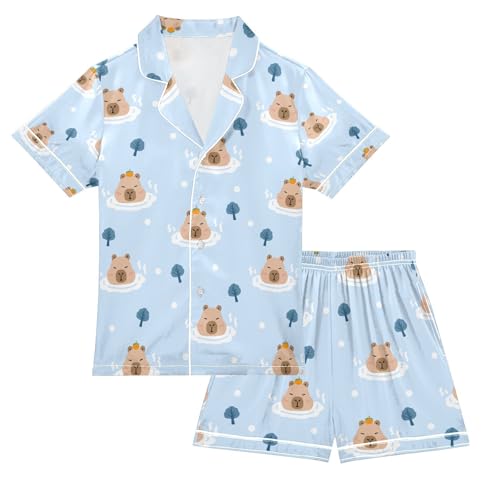 senya Tropical Bathing Cute Capybara Satin Summer Pajama Sets Silk Short Sleeve Button Down Sleepwear